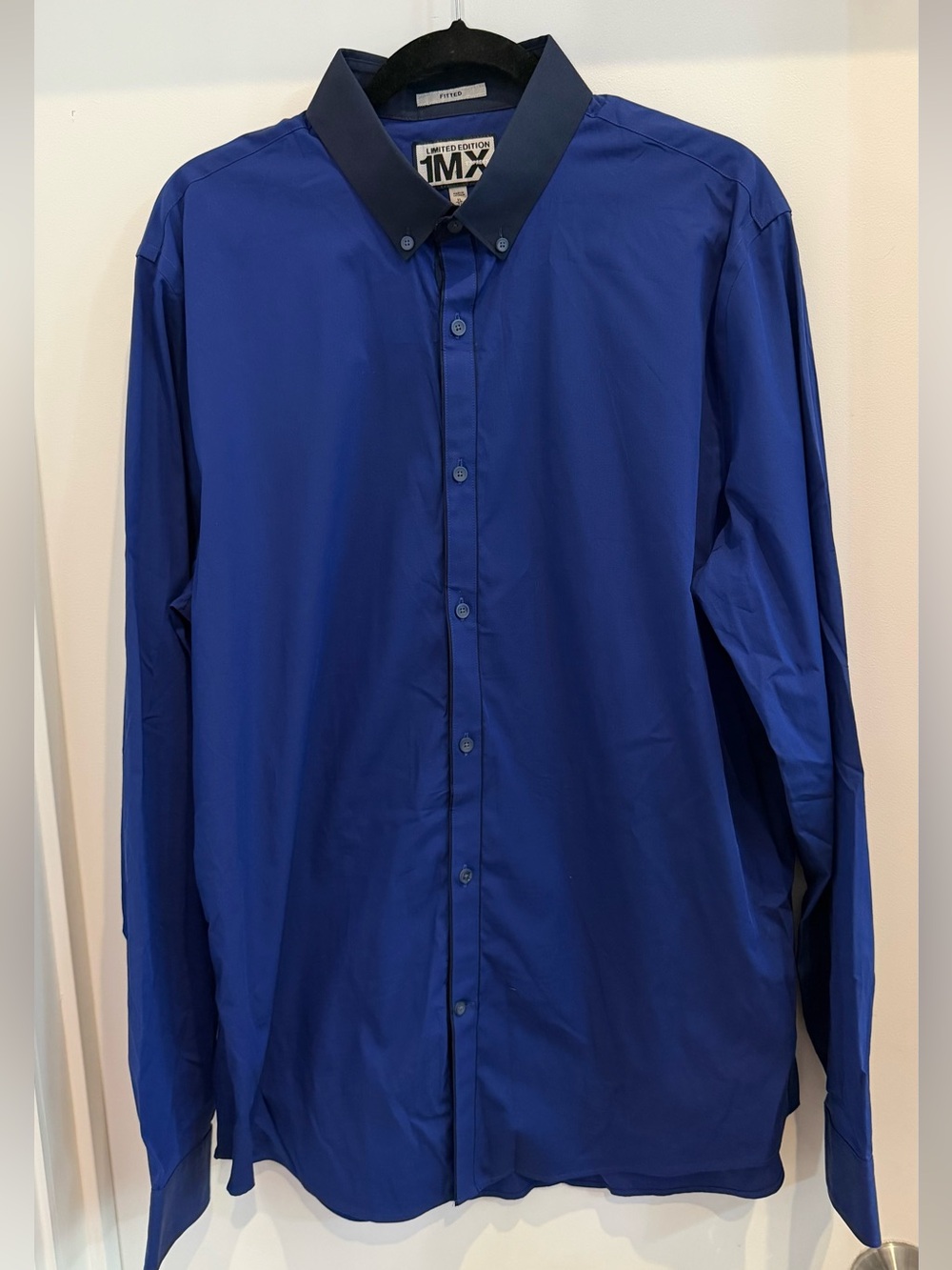 Express Men's Button-Down Shirt in Navy Blue with Dark Contrast Collar